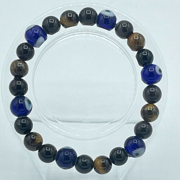 Crystal beaded stretch bracelet ONE NEW evil eye yellow tiger eye silver obsidia - Picture 5 of 10